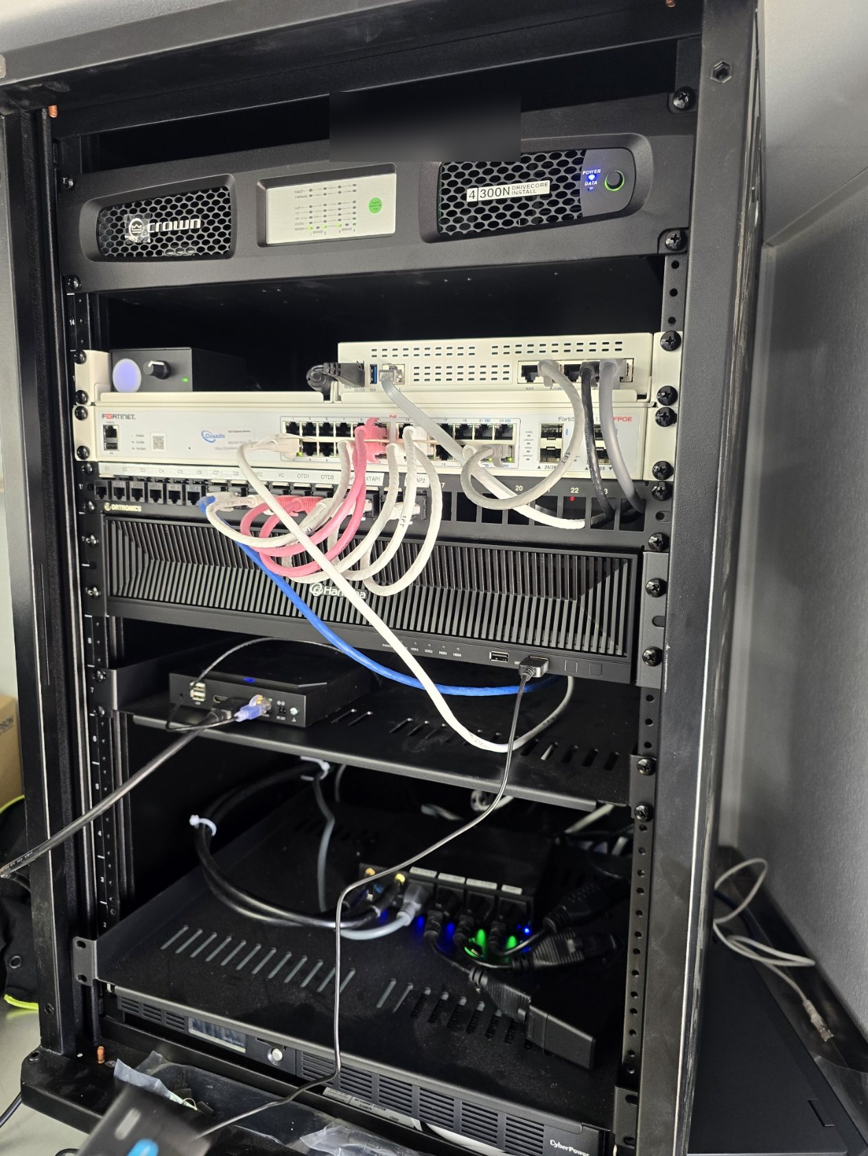 Commercial rack with Fortinet FortiGate firewall, FortiSwitch, and Eaton UPS