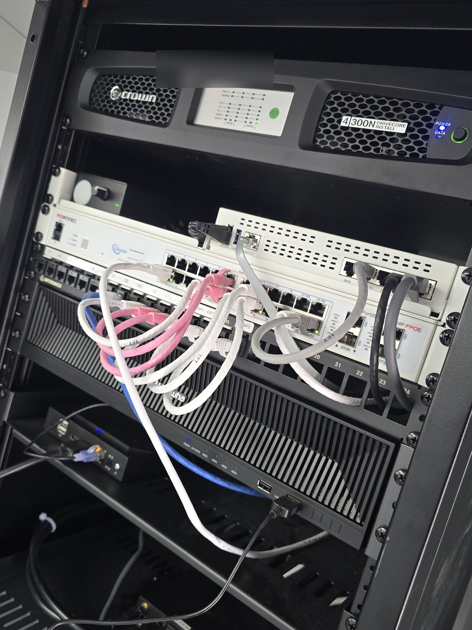 Fortinet firewall and FortiSwitch in a commercial rack with patch panel support
