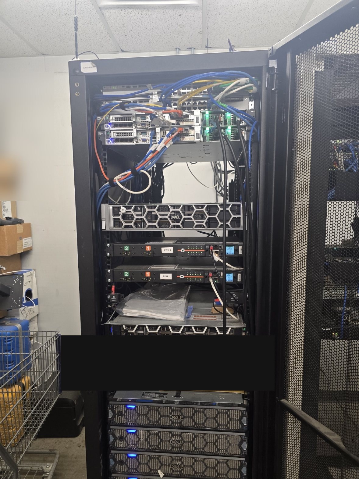 Full Dell server rack with network and power infrastructure after field support work